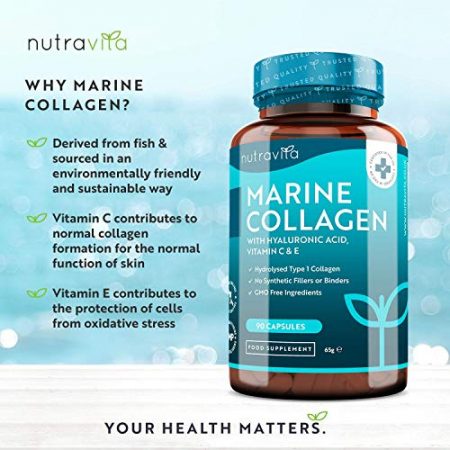 Collagene Marin et Acide Hyaluronique Enrichi avec Vitamine C E 90 capsules de Collagene de Type 1 1000 mg par portion Fabrique par Nutravita 0 0