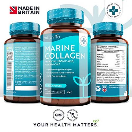 Collagene Marin et Acide Hyaluronique Enrichi avec Vitamine C E 90 capsules de Collagene de Type 1 1000 mg par portion Fabrique par Nutravita 0 1
