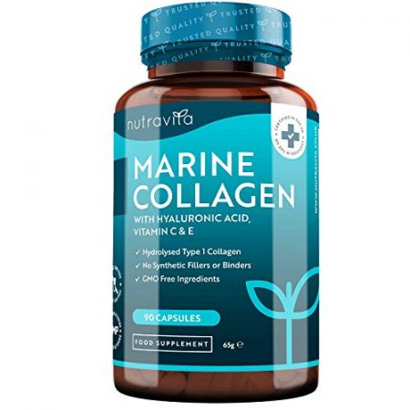 Collagene Marin et Acide Hyaluronique Enrichi avec Vitamine C E 90 capsules de Collagene de Type 1 1000 mg par portion Fabrique par Nutravita 0