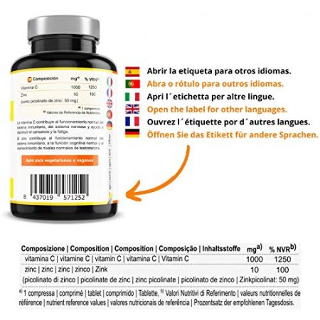 Vitamine C 1000 mg Zinc Picolinate 50 mg par comprime Hautement dose Boite de 120 comprimes vegetaux 1 comprime par jour pour fortifier limmunite la peau et cheveux 0 1