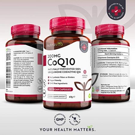 Coenzyme Q10 200mg par Capsule 120 Capsules vegane de CoQ10 fortement concentrees provision de 4 mois Fabrique au Royaume Uni par Nutravita 0 1