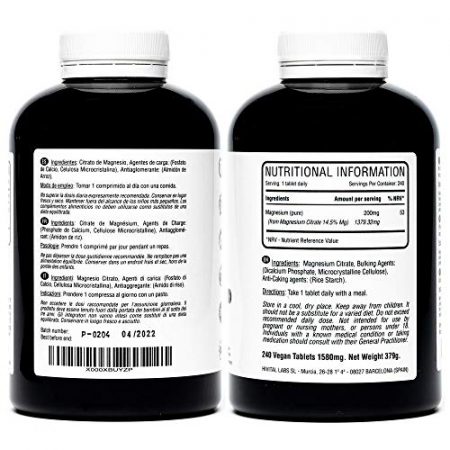 Magnesium pur 200 mg obtenu a partir de Citrate de Magnesium 240 comprimes vegetaliens 8 mois de traitement Ameliore la fonction musculaire et le systeme nerveux reduit la fatigue et les crampes 0 0
