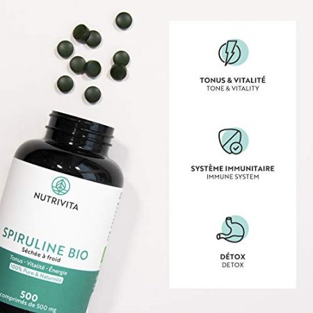 Spiruline Bio 500 mg 100 Pure Sans Excipient Immunite Anti Fatigue Riche en Proteines Vegetales Phycocianine Mineraux et Vitamines Certifiee Bio par Ecocert 500 comprimes Nutrivita 0 2