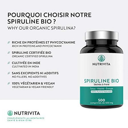 Spiruline Bio 500 mg 100 Pure Sans Excipient Immunite Anti Fatigue Riche en Proteines Vegetales Phycocianine Mineraux et Vitamines Certifiee Bio par Ecocert 500 comprimes Nutrivita 0 4