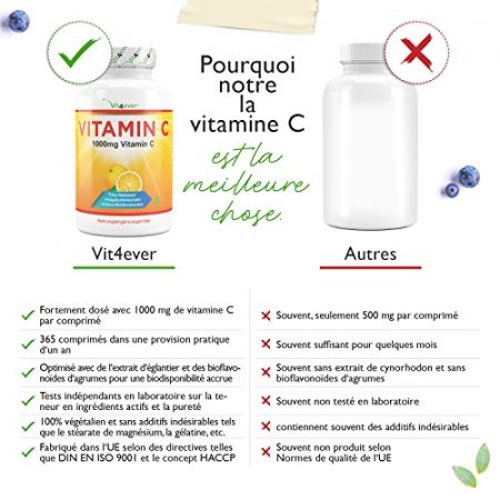 Vitamine C 1000mg 365 comprimes par an Effet a liberation prolongee Teste en laboratoire Vitamine C Extrait deglantier Bioflavonoides dagrumes Vegetalien Fortement dose 0 2